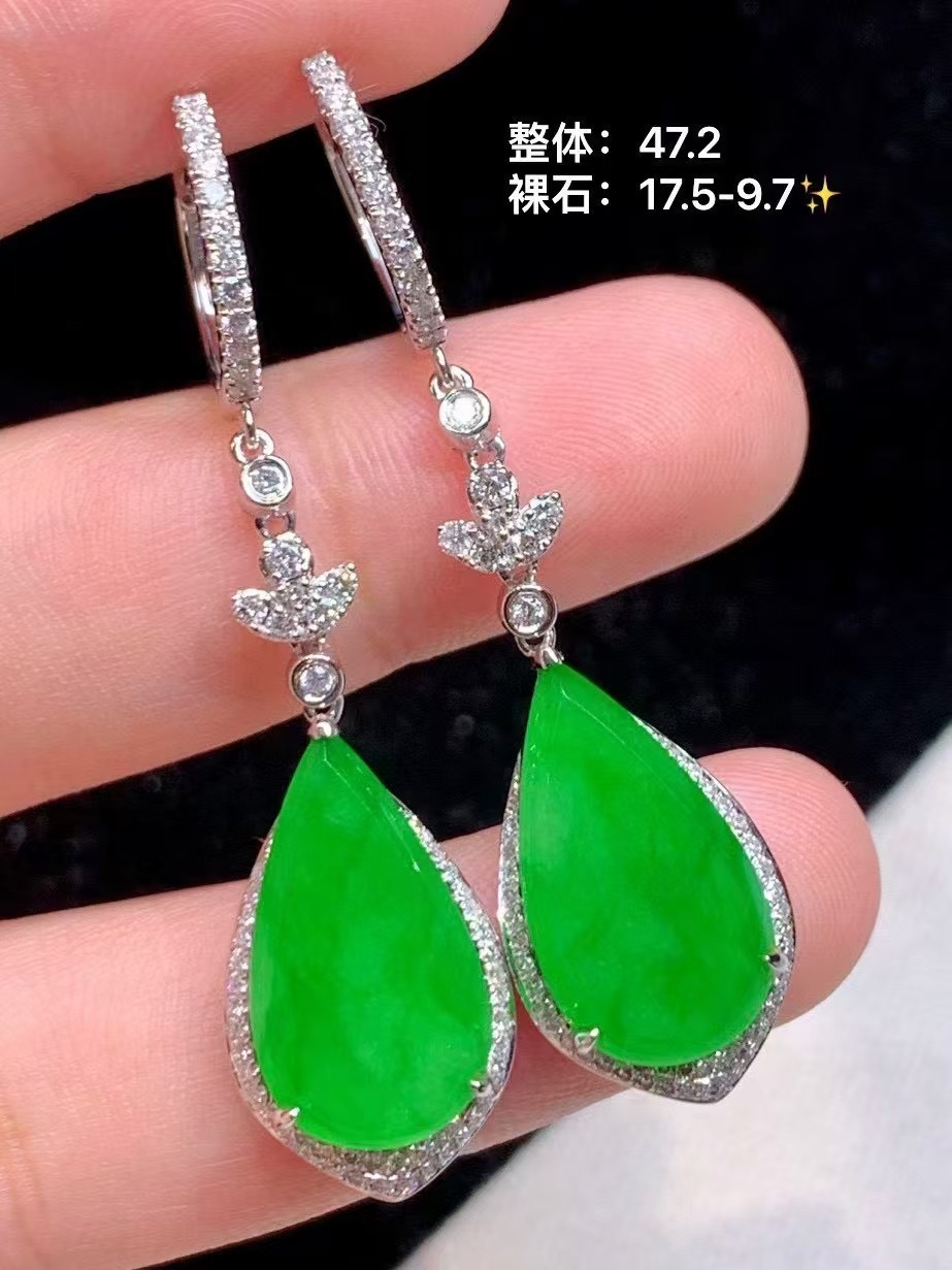 冰阳绿水滴耳坠;18k金钻镶嵌#翡翠