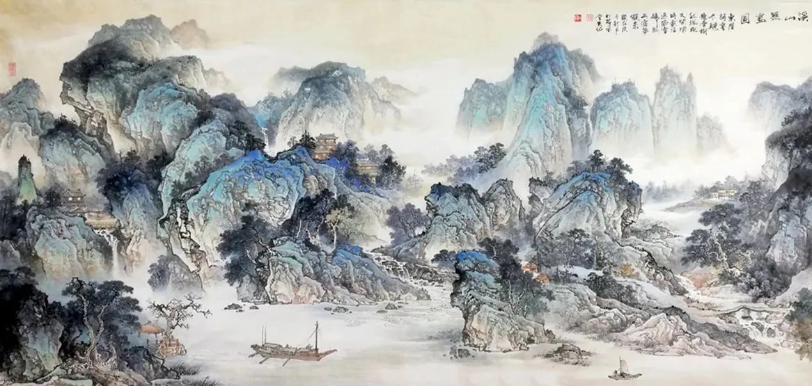 彩墨山水画中通常会使用大量的冷色调,而杨天佑则加入了