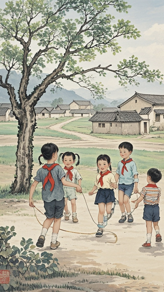 每到放学后,小伙伴们就会聚集在村口的老槐树下,一起跳皮筋
