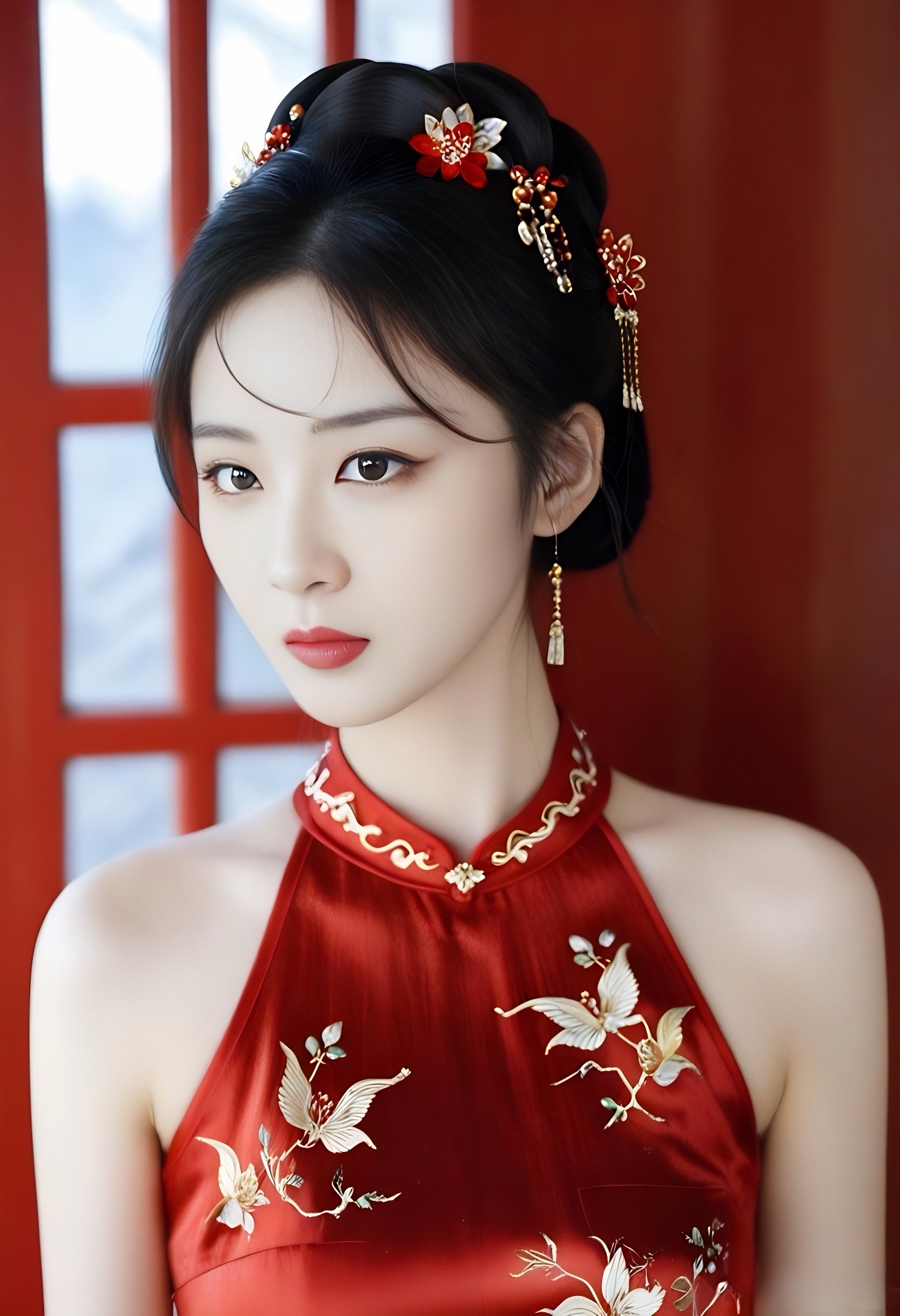 养眼美女# 红衣女子,精致脸庞,完美身材,她的眼神充满了故事,似火焰