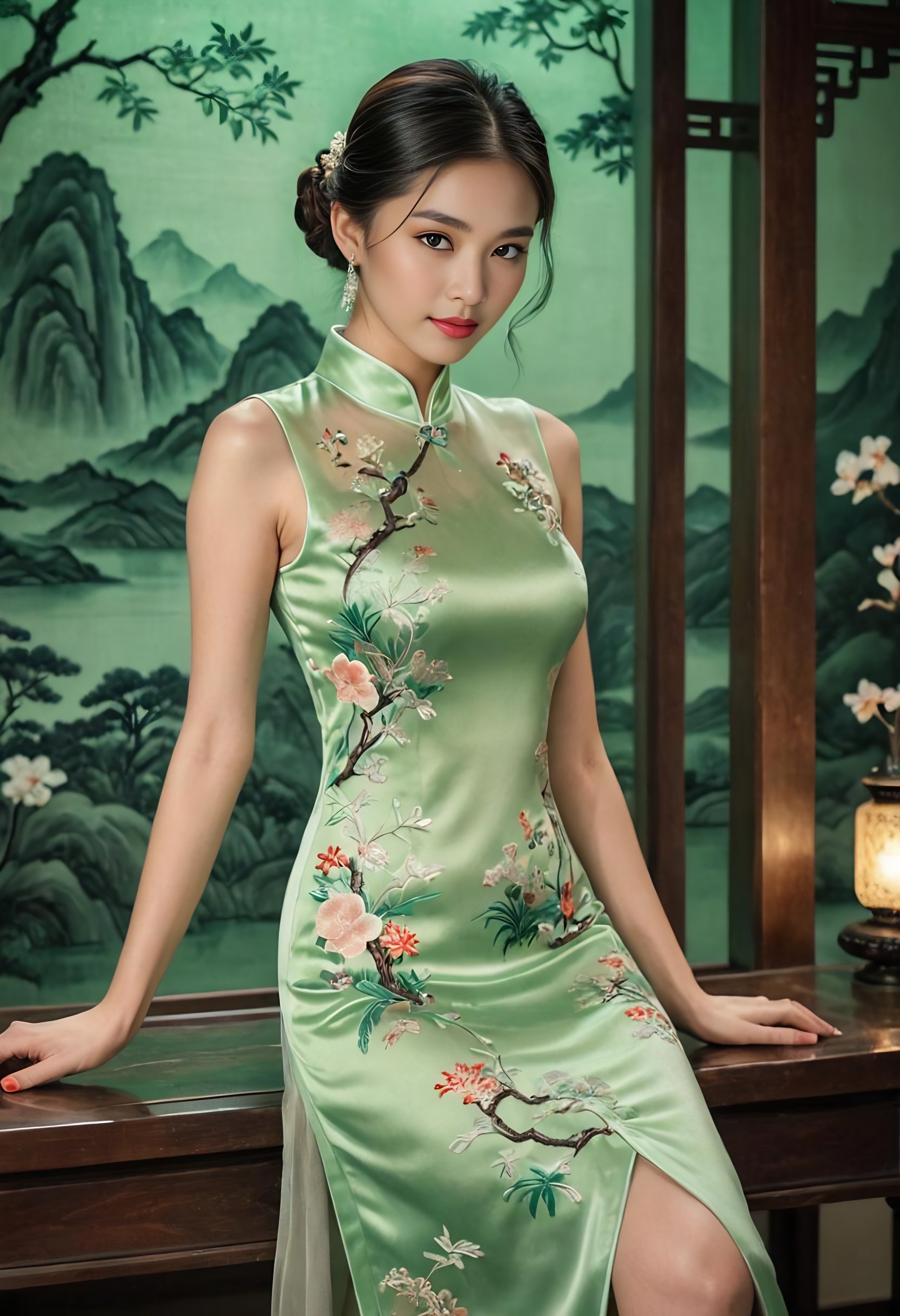 淡绿色旗袍女子#旗袍