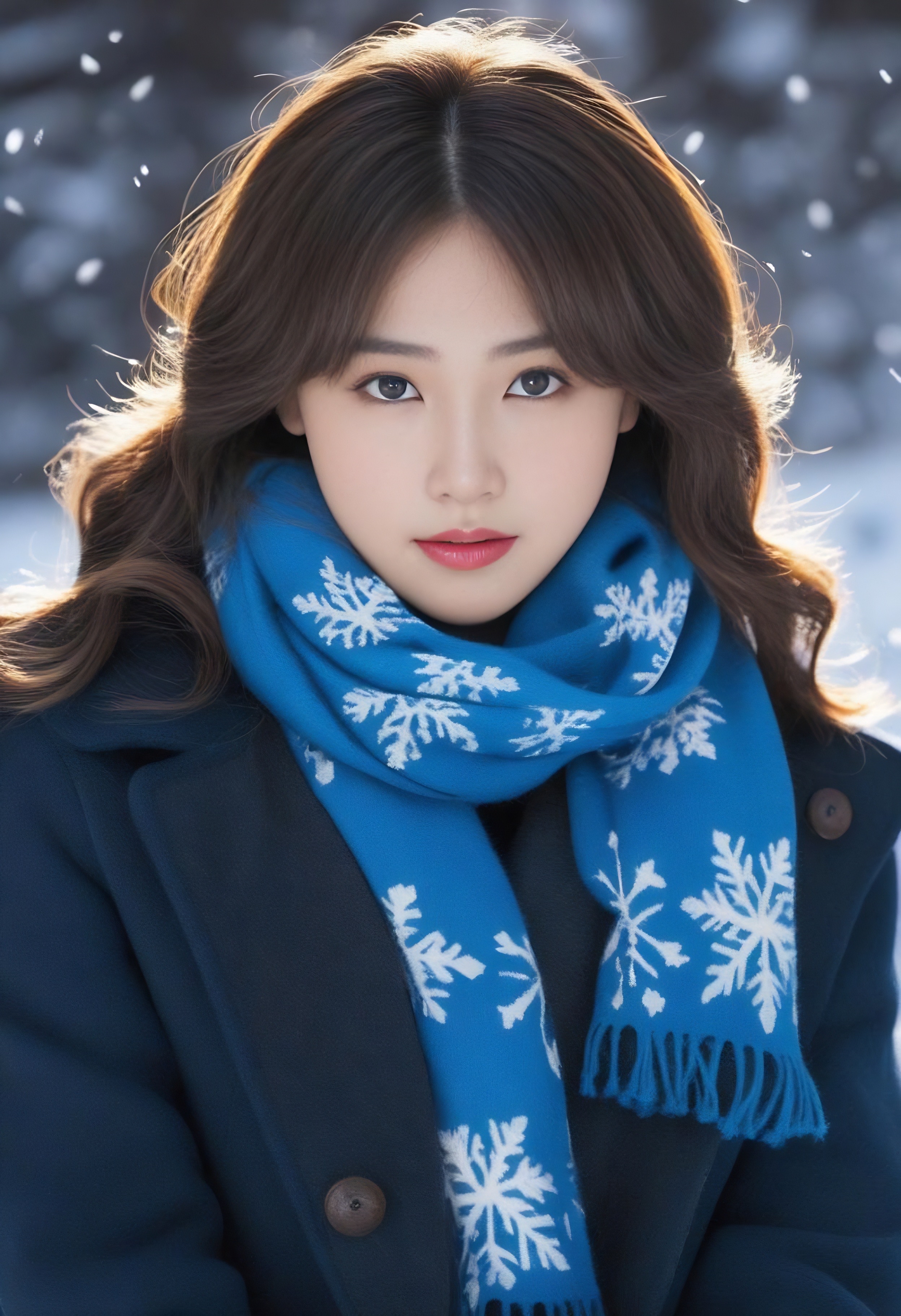 一位棕色短发美女格外惹眼黑色大衣衬得她气质高雅蓝色围巾更添几分