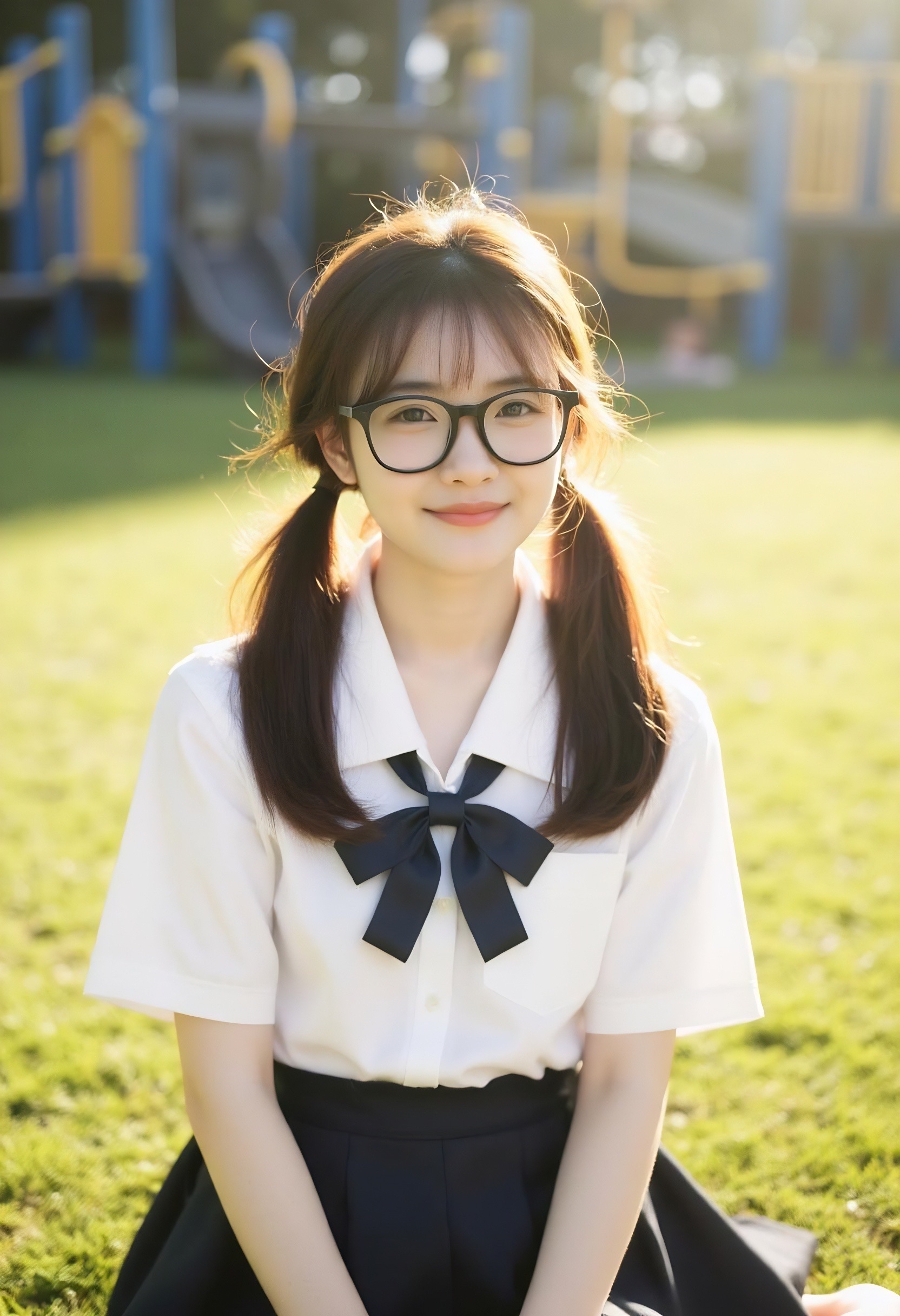 甜美学妹扎着两个俏皮的辫子,戴着黑框眼镜,白色衬衫搭配蓝色短裙