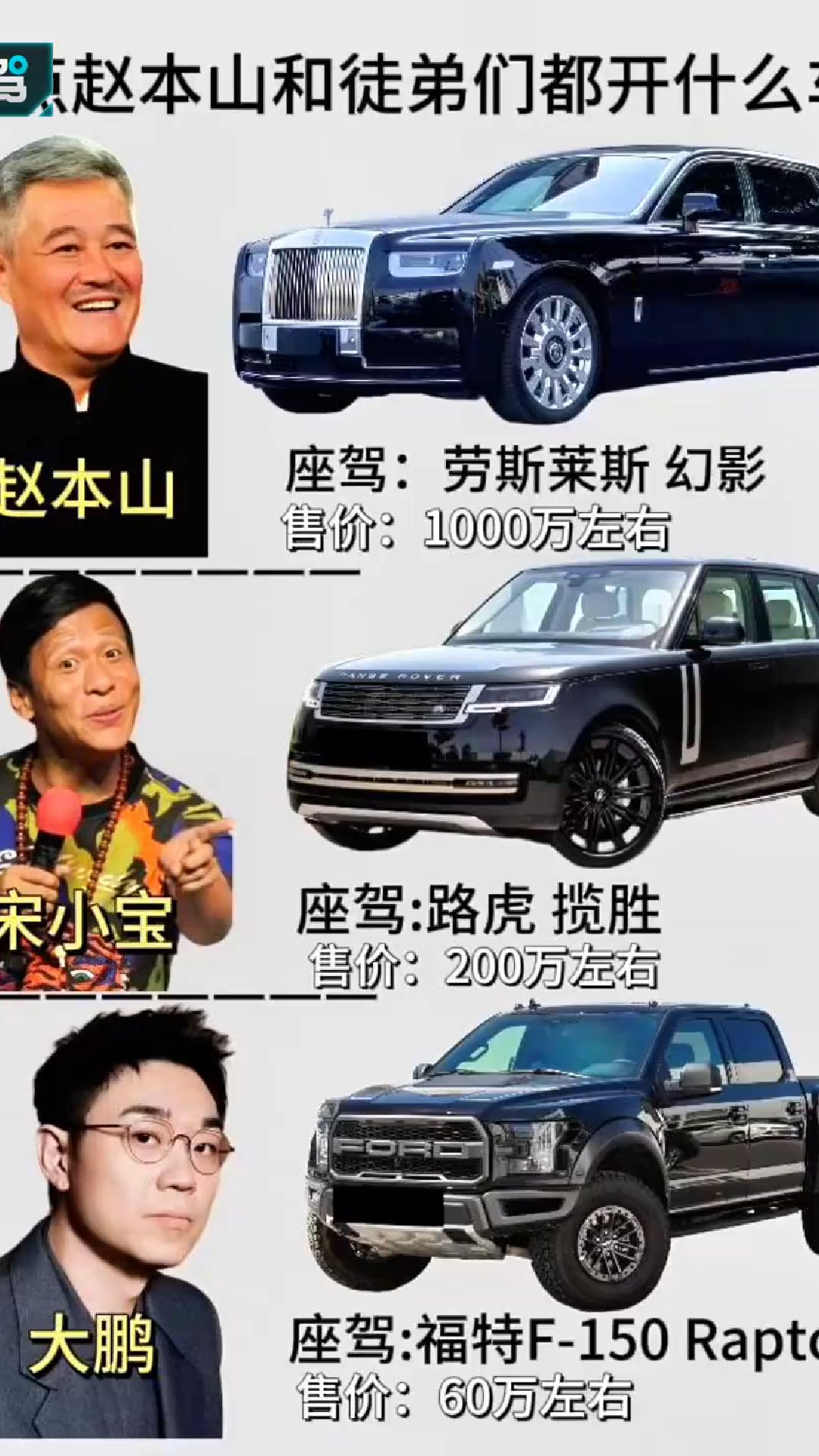 盘点赵本山和徒弟们都开什么车型