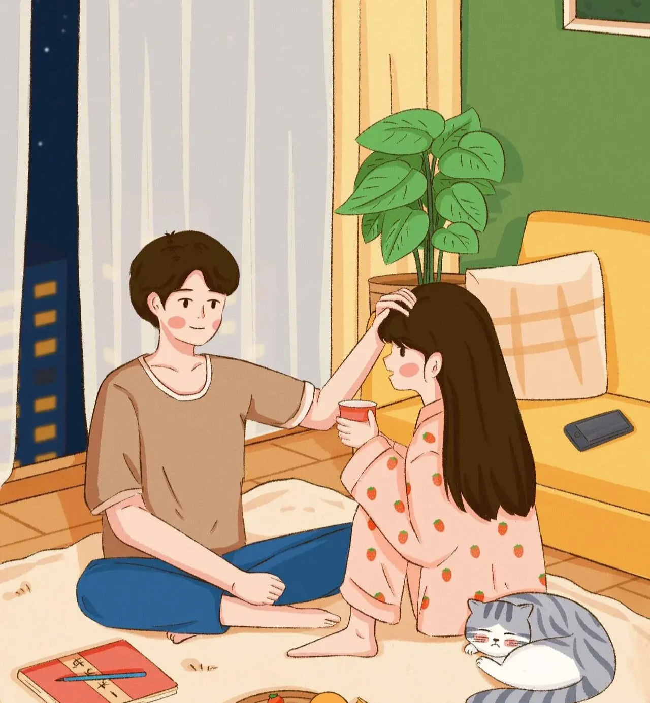 互相体谅的插画情侣之间互相照顾夫妻之间相处漫画图片情侣互相倾听