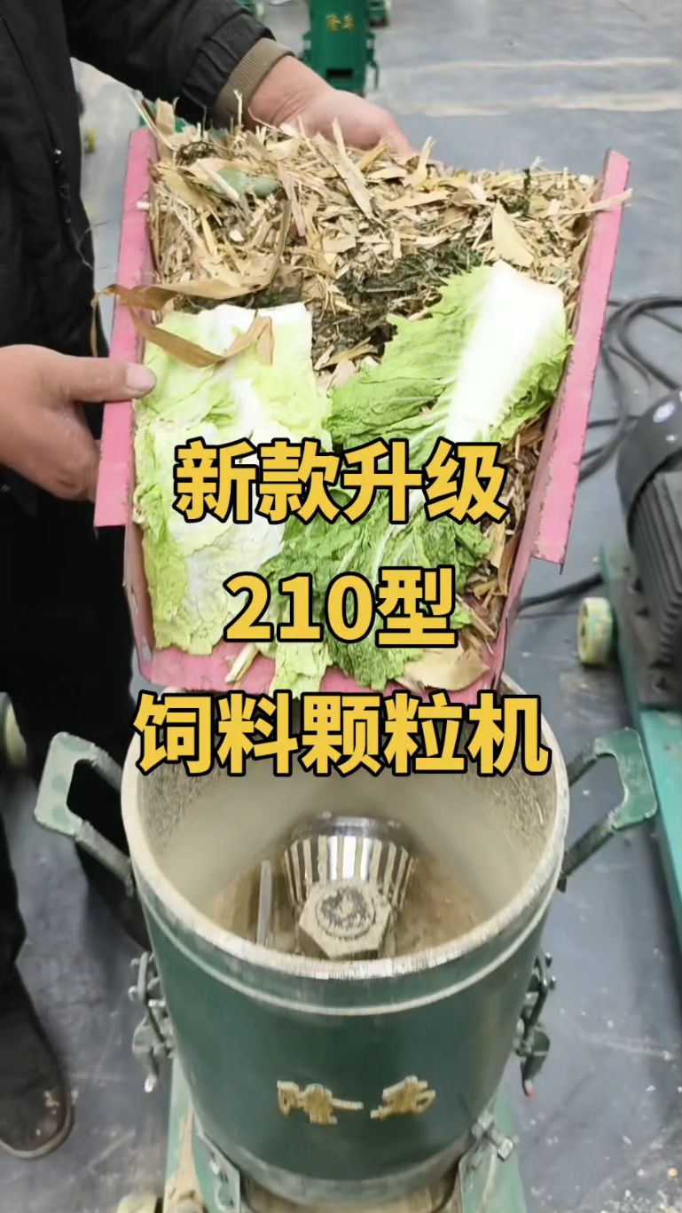 新款210型饲料颗粒机使用白菜 秸秆 混合料试机 成型度好 速度快