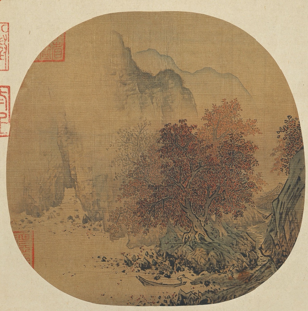 南宋萧照《秋山红树图》 团扇		绢本		设色		26.7x27.2厘米 1