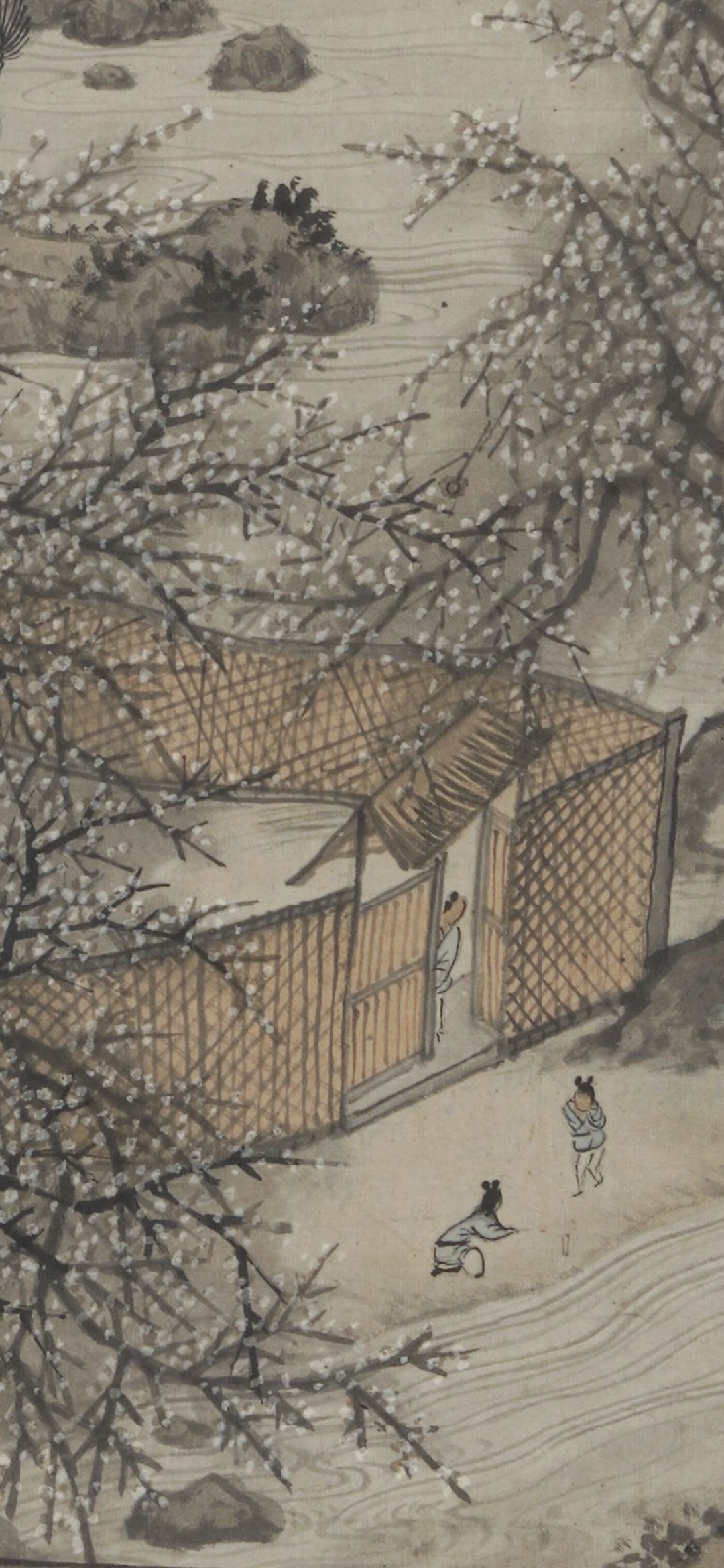 7厘米 此图绘松梅林中,一雅士在草楼上作画挥翰,爱人在旁边观赏,有溪