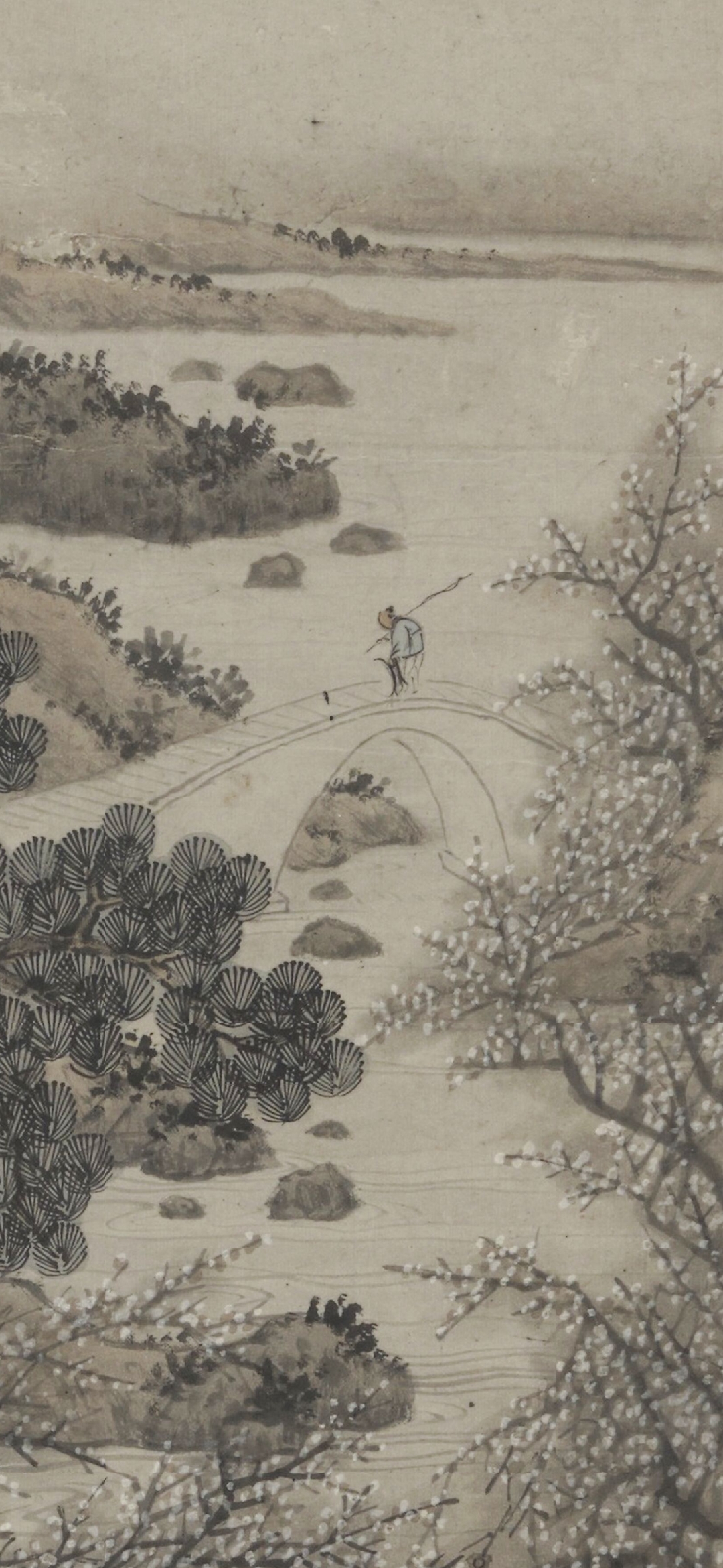 7厘米 此图绘松梅林中,一雅士在草楼上作画挥翰,爱人在旁边观赏,有溪