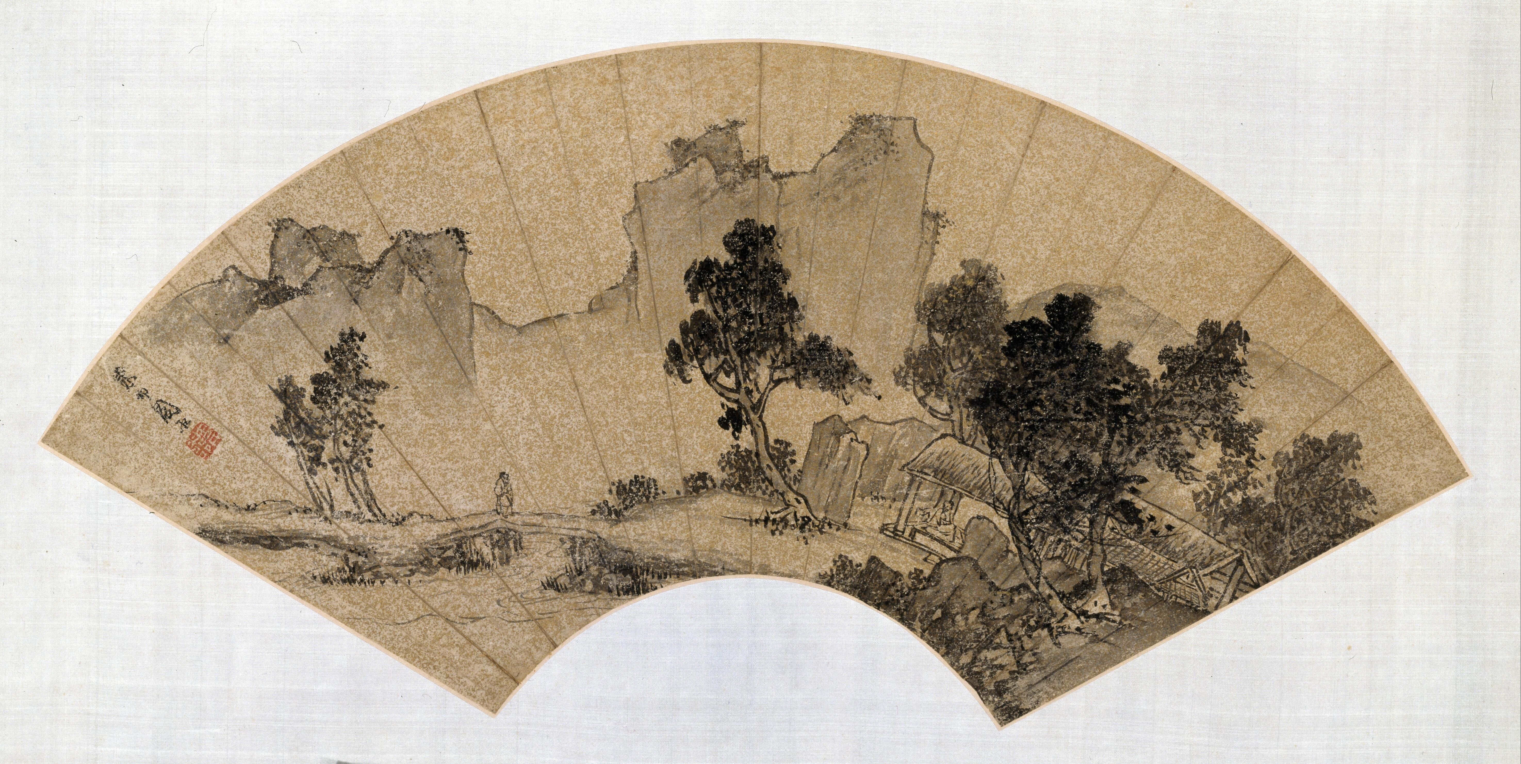 明代 周臣《山水人物图》 扇面		金笺		水墨