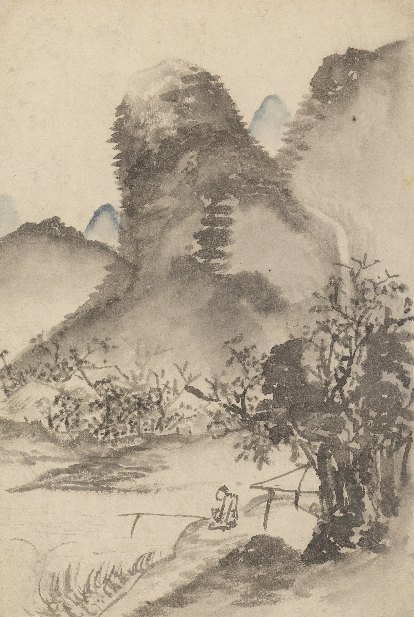 临流独钓图;南云庵主文点邻叟过桥图明代画家徐端本山水卷渔归图 明代