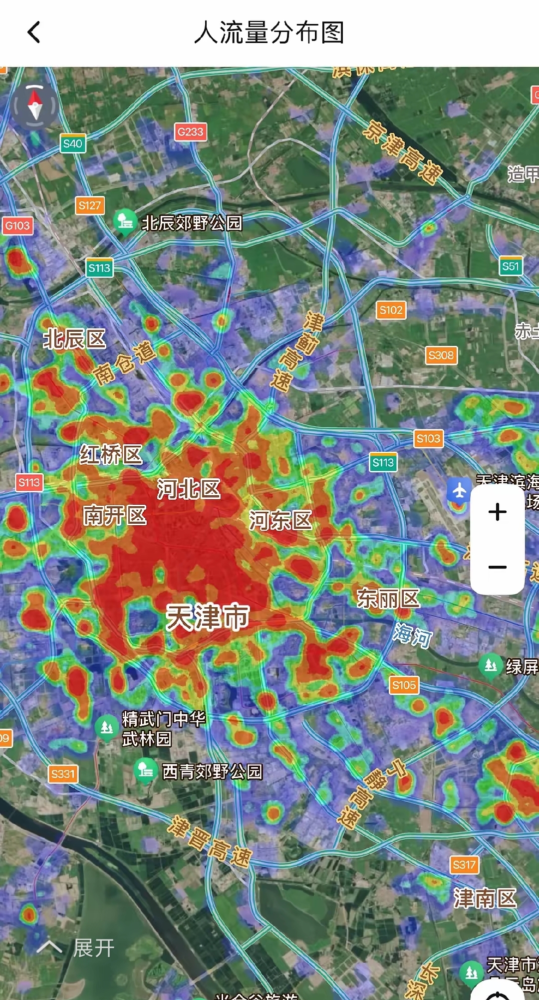 从热力图来看,其人口密度大概只有城区的五分之一