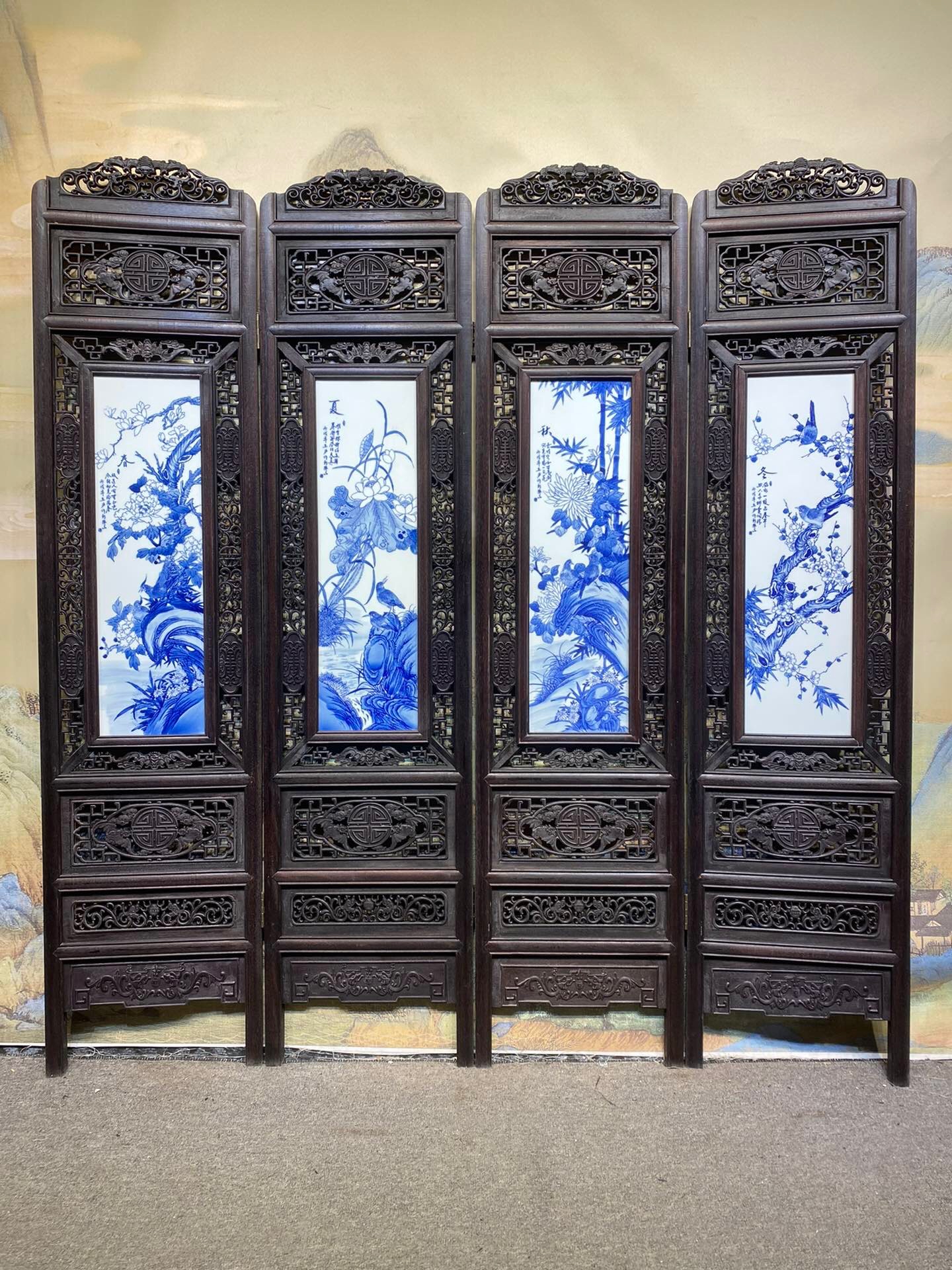 王步作品红木镶瓷板画青花花鸟春夏秋冬四折落地屏风 高187单块宽43