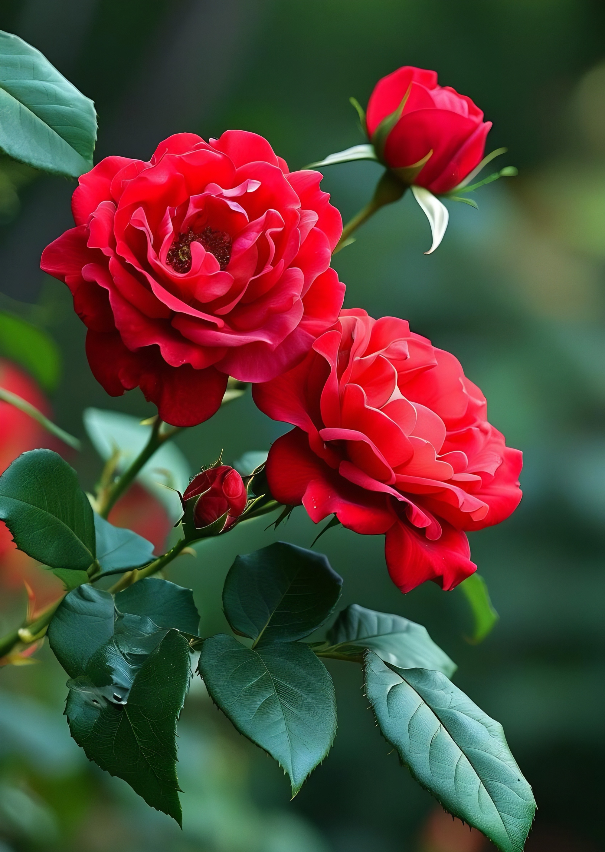 阳光灿烂下,大红色的月季花热烈地盛开着