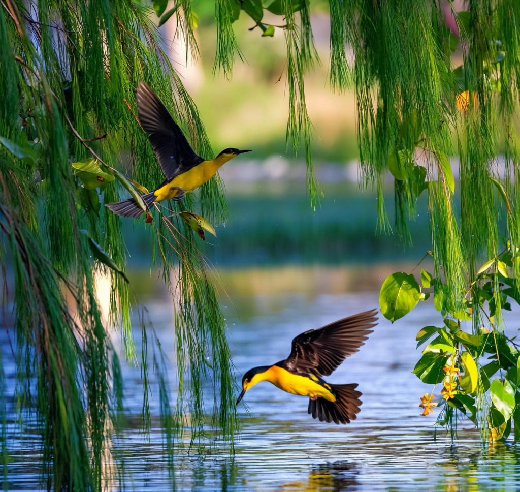 黄莺在翠柳间欢快穿梭,啼声婉转,似在诉说着春的