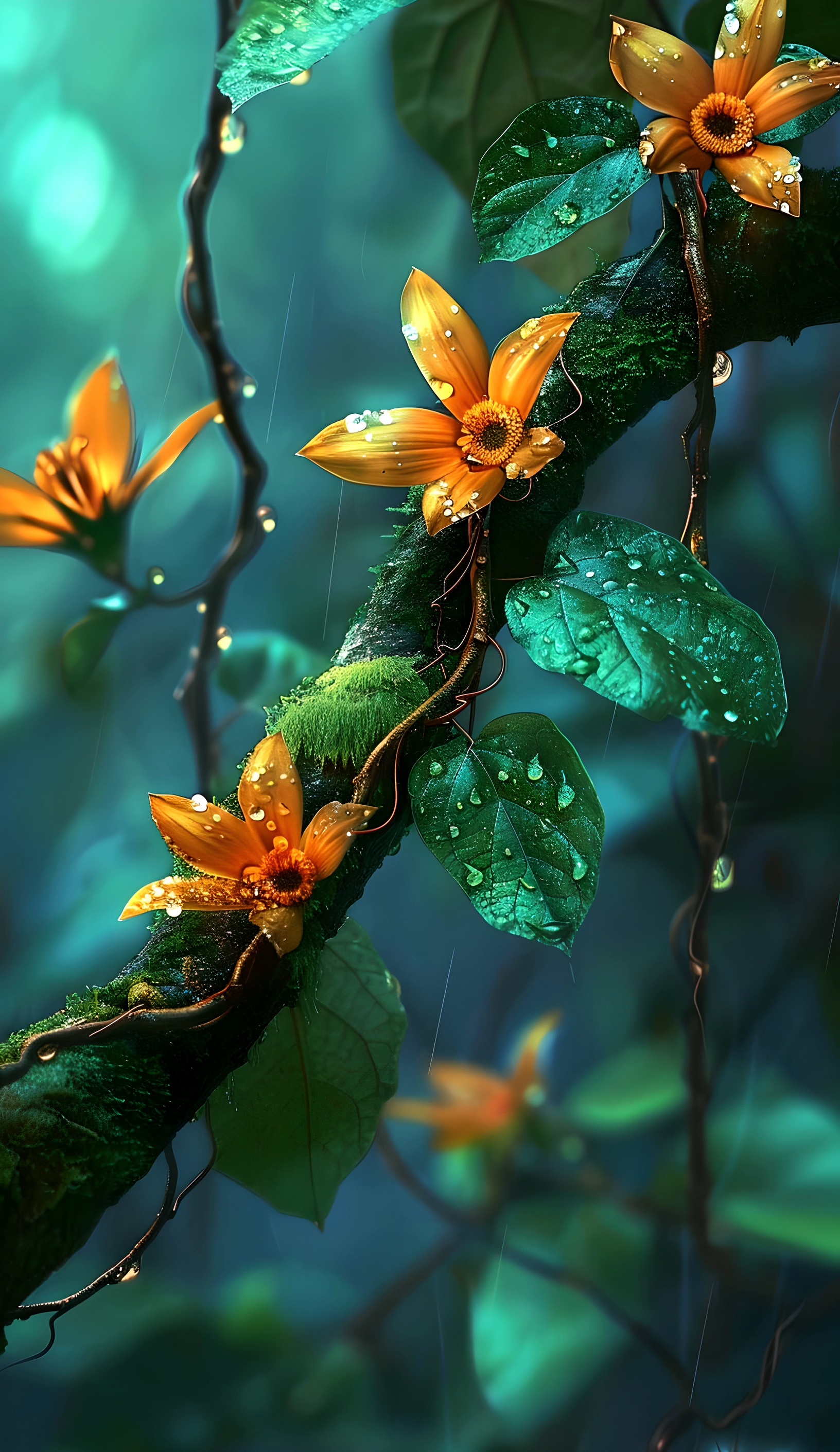 细雨如丝,花朵于雨中静静绽放