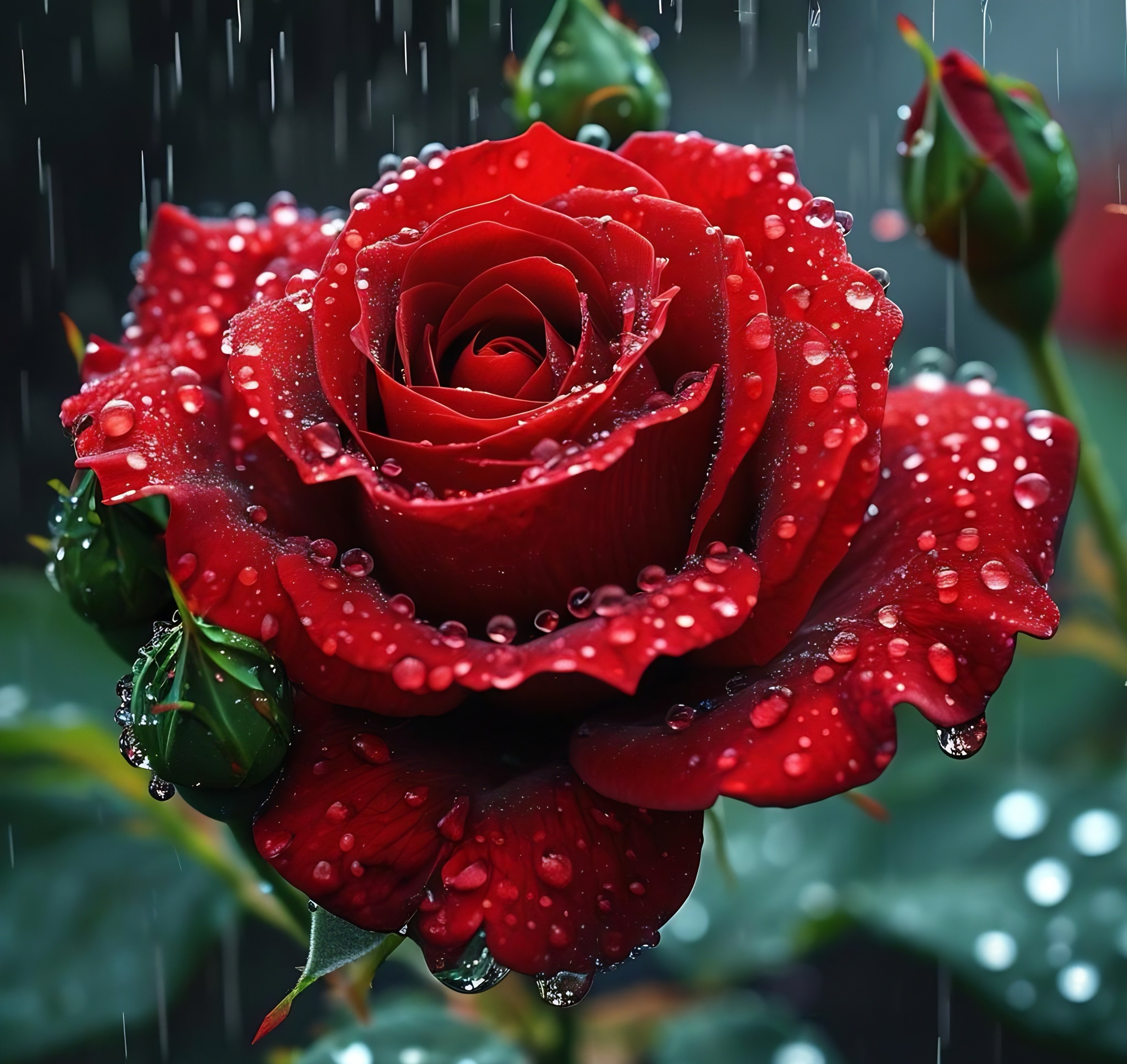 在细雨如丝的天地间,一朵玫瑰花孤独地挺立