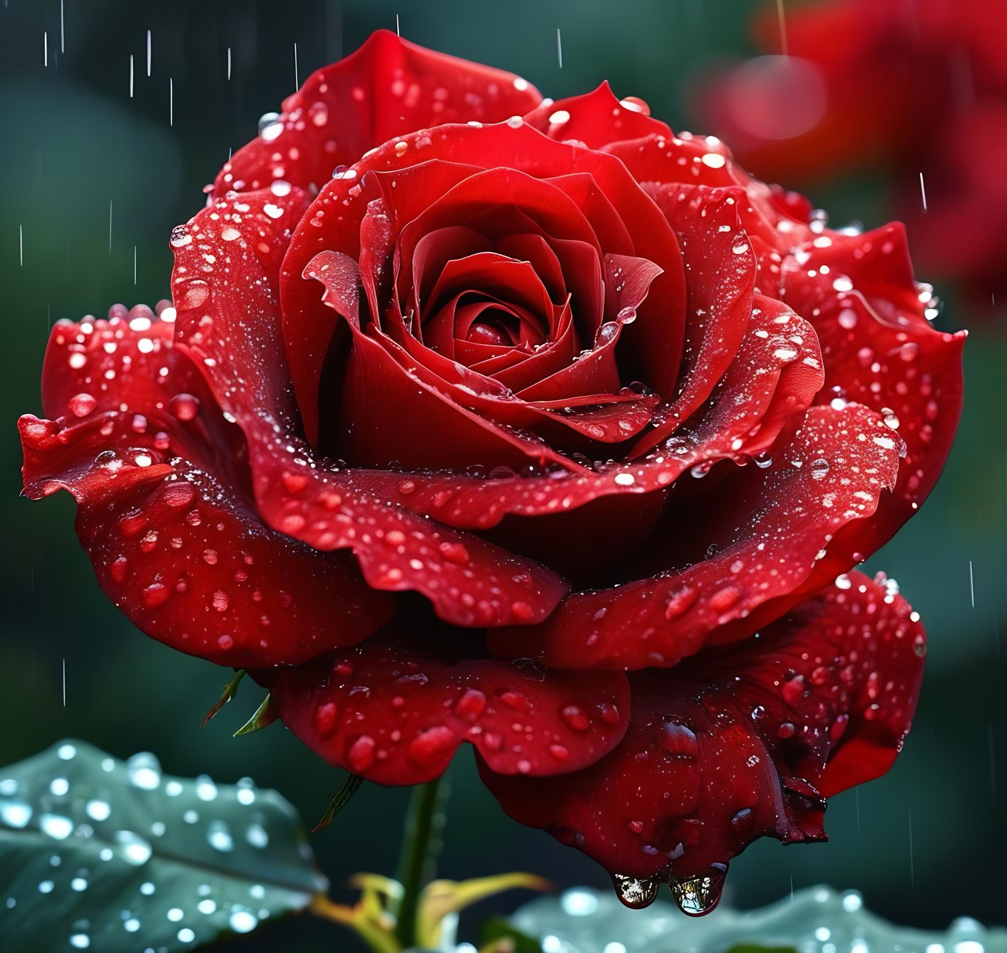 在细雨如丝的天地间,一朵玫瑰花孤独地挺立