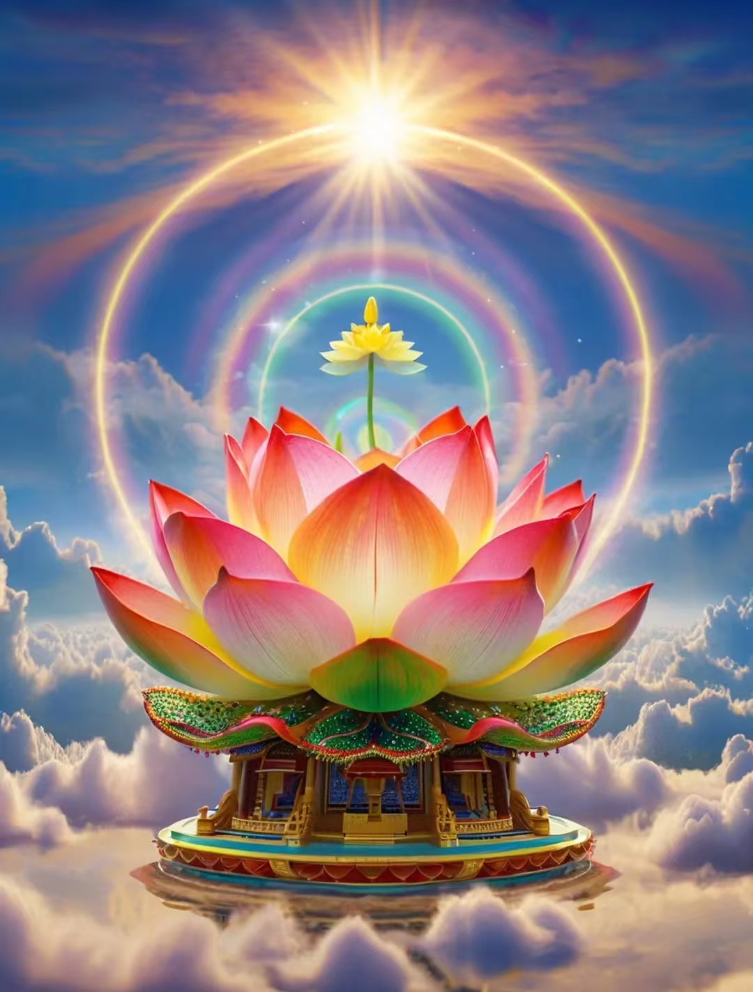 莲花座上绽清光,瑞彩缤纷映八方