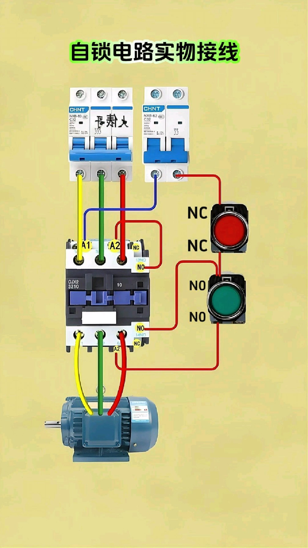交流接触器自锁电路实物接线