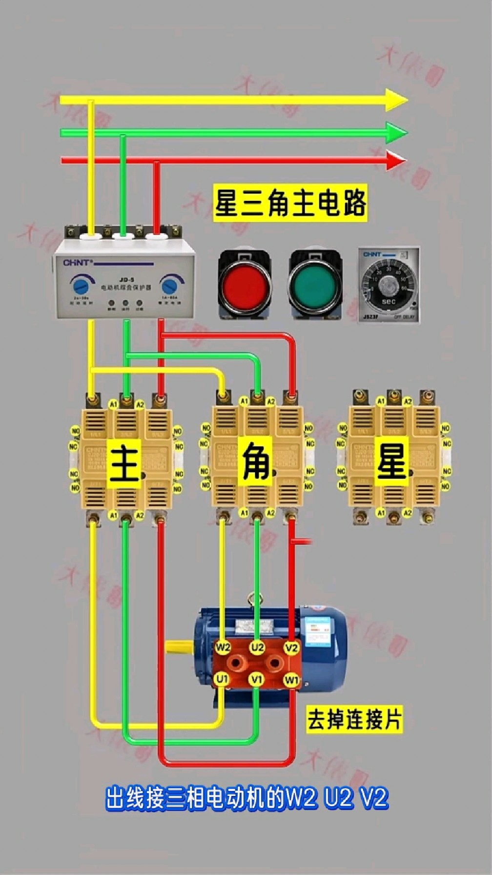 带电动机综合保护器的星三角主电路实物接线
