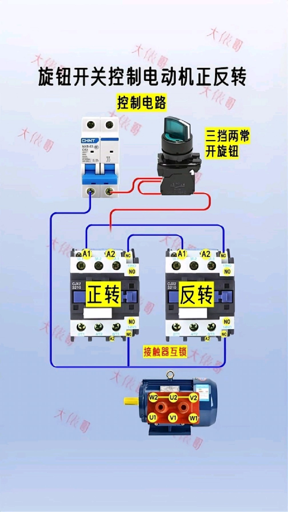 一个旋钮开关,控制三相电机正反转,实物接线分享