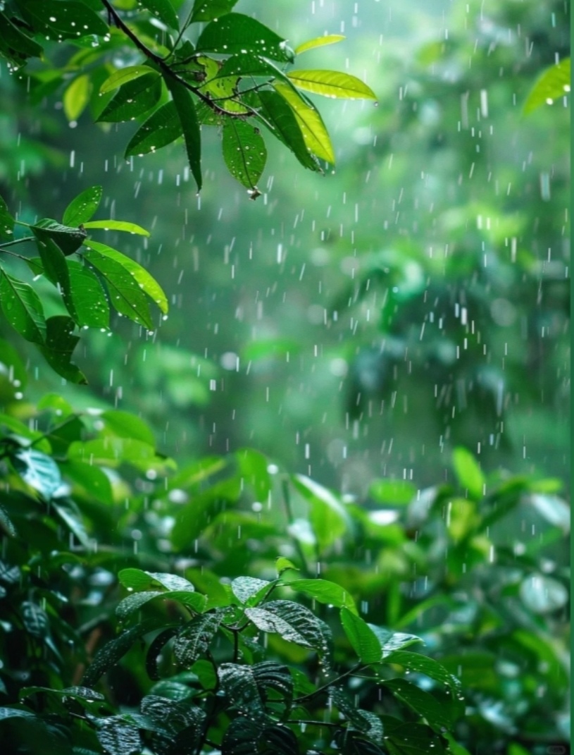 窗外的细雨淅淅沥沥,飘洒在绿叶上,使绿叶绿得发亮,落在繁花间,使秋菊