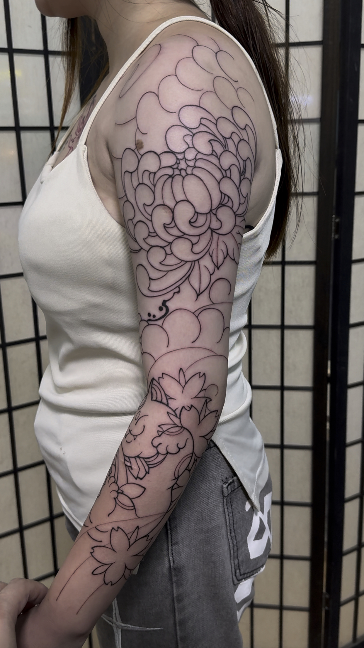 传统花臂#菊花#招财猫#刺锦堂纹身作品