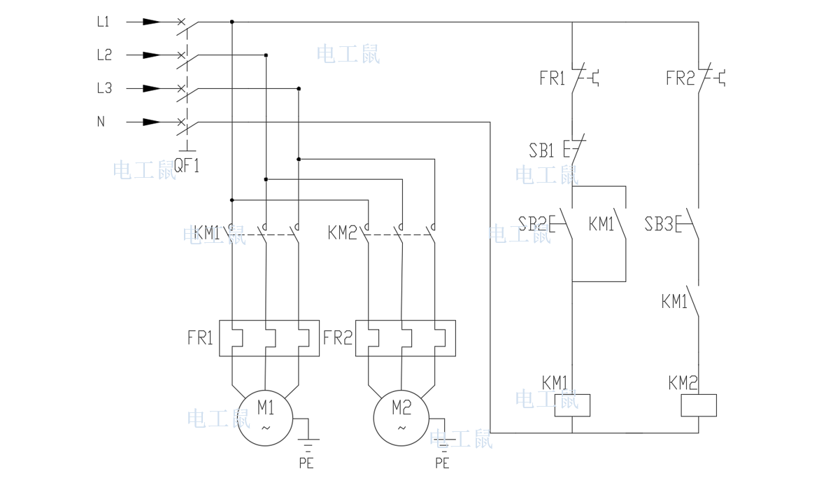 延时停止的控制线路油压联锁辅泵起机示意图三台电机m1,m2,m3分别由km