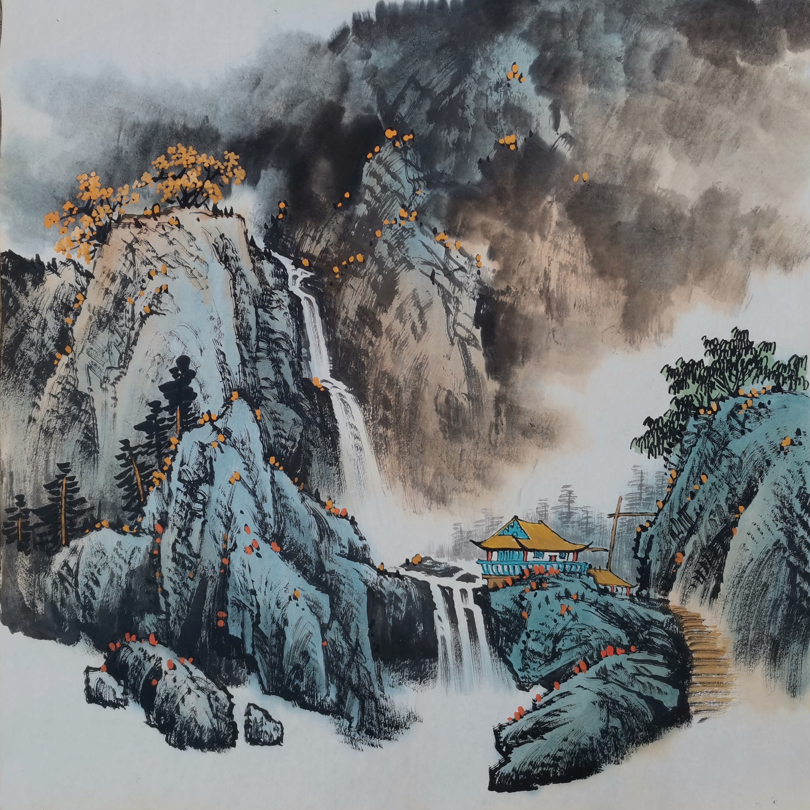 王秀保国画山水新作 碧水长流 翠谷流泉 泉声带雨出秋林 秋溪宽待过桥