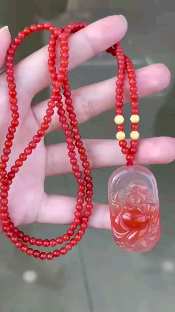 南红玛瑙冰飘弥勒佛吊坠手把件挂件