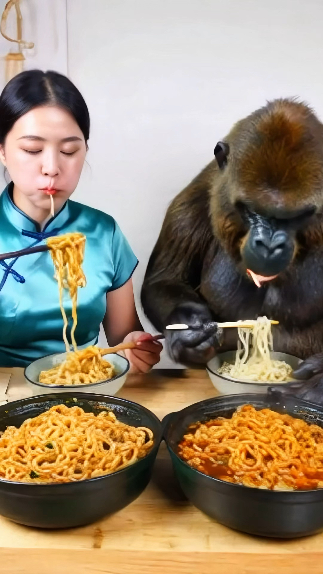 又与野兽一起吃炒粉,我们却吃得津津有味,这场景真特别.