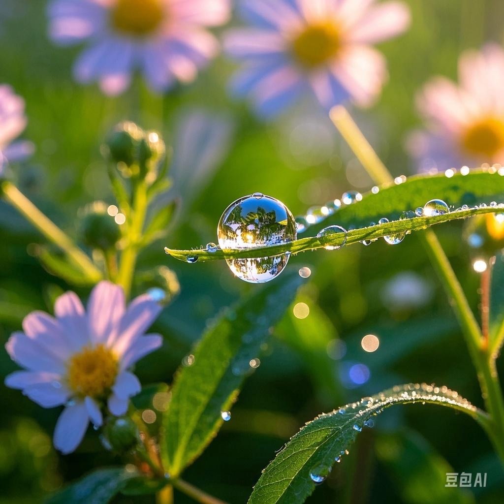 阳光洒下,那些晶莹剔透的露珠,折射出迷人的七彩光,那一颗小露珠,带来
