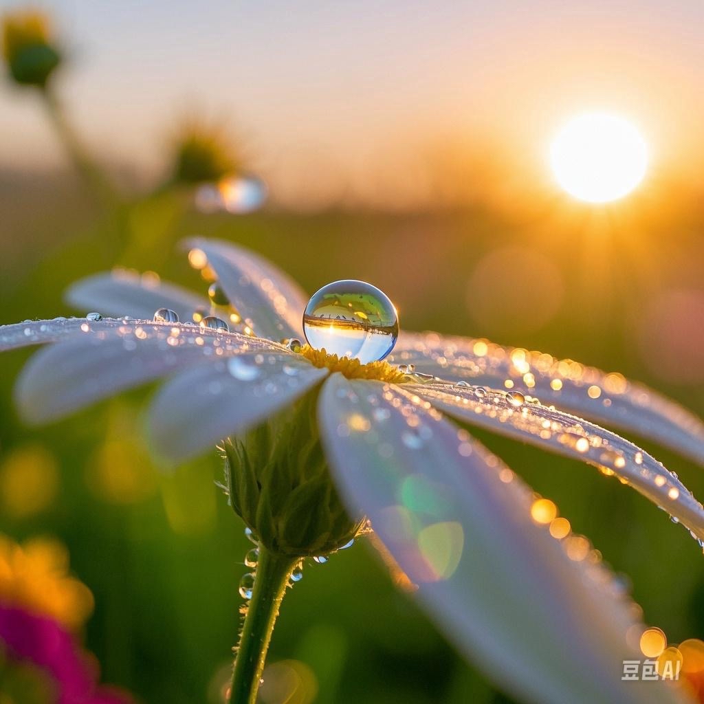 阳光洒下,那些晶莹剔透的露珠,折射出迷人的七彩光,那一颗小露珠,带来