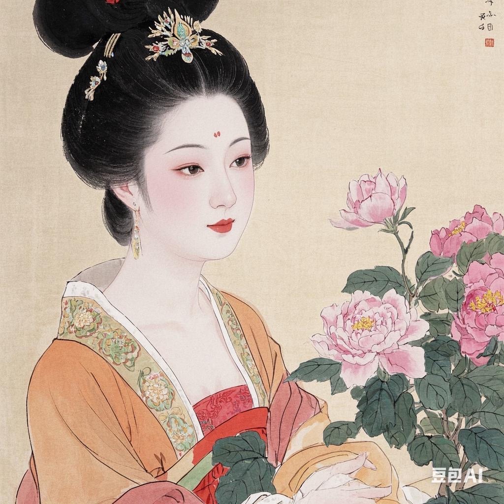 花间见佳人,笑问何所思. 春风拂娇颜,粉面映霞姿