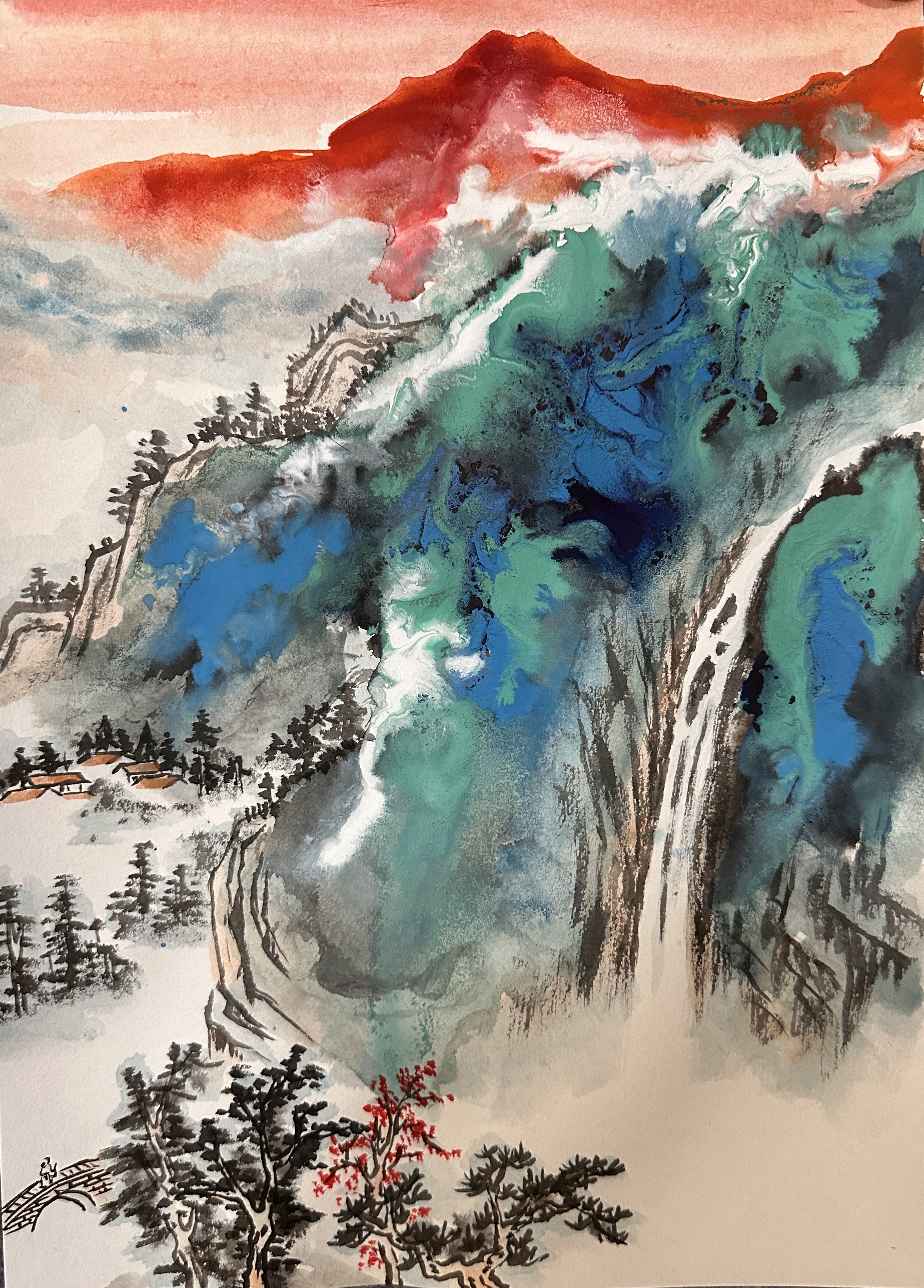水粉纸上泼彩山水成品欣赏