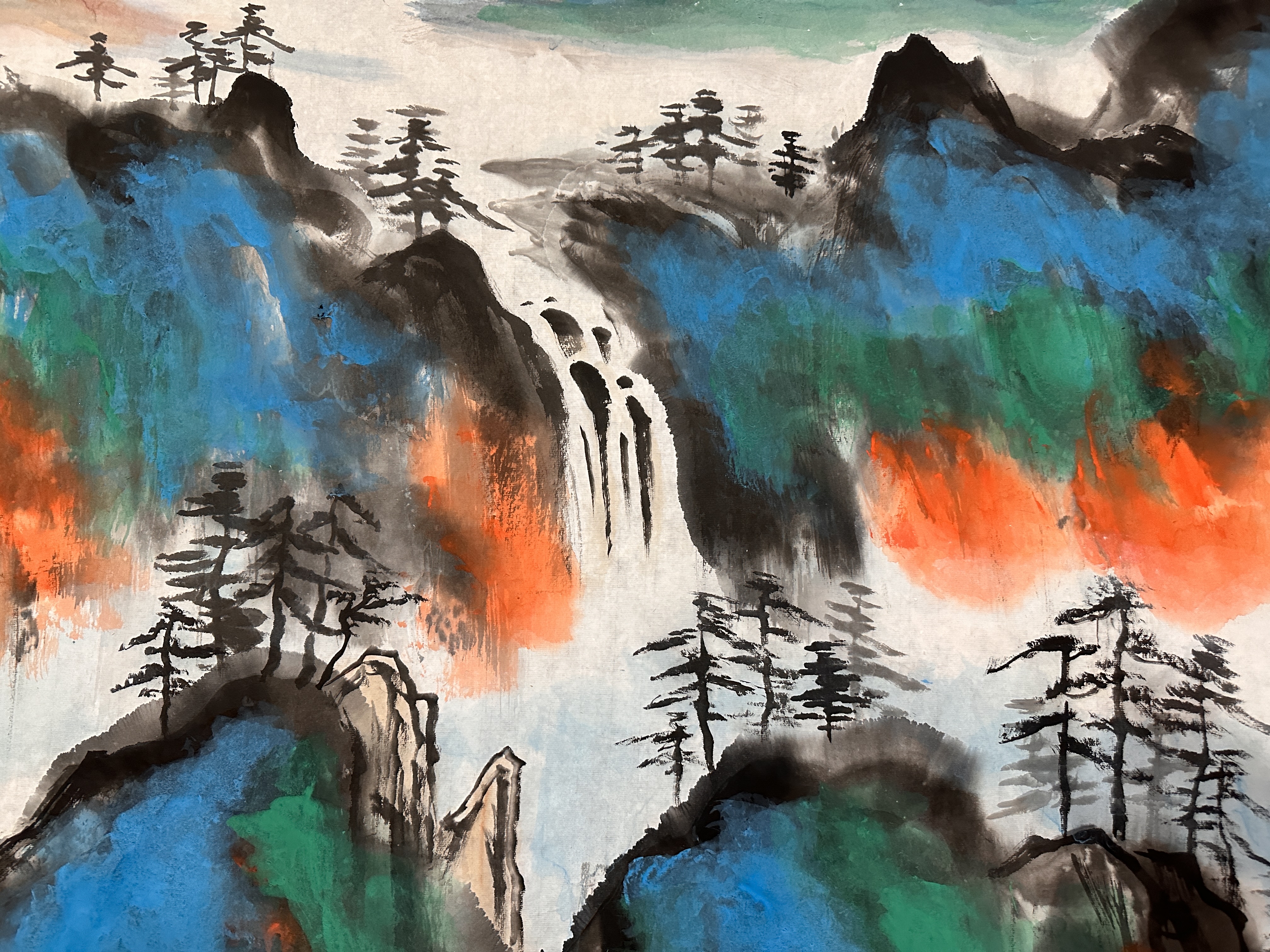 八尺刘海粟泼彩山水简单好看韵味足