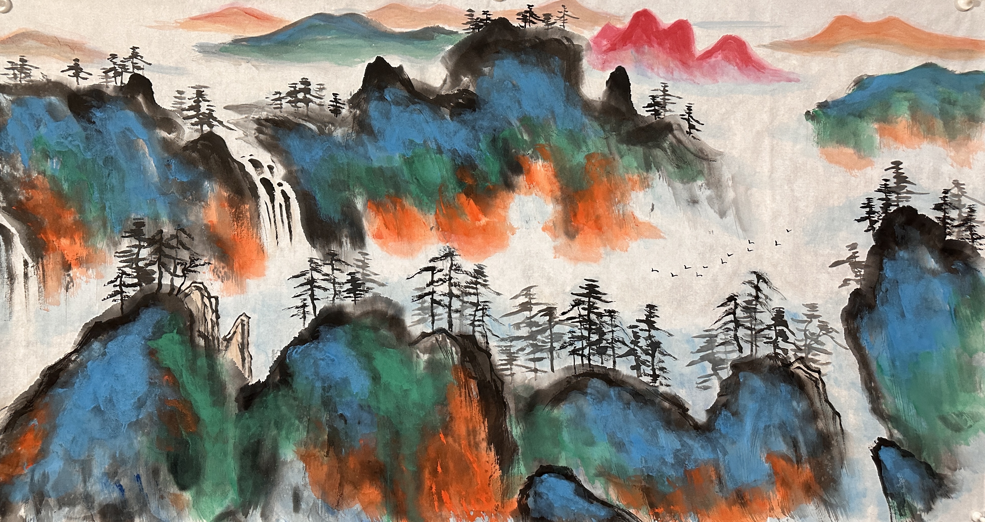 八尺刘海粟泼彩山水简单好看韵味足