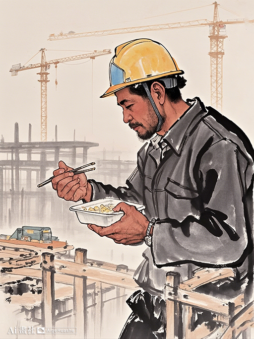 国画表现深圳城市建设的人物中国画古代中国建造者 画作建筑工人素材