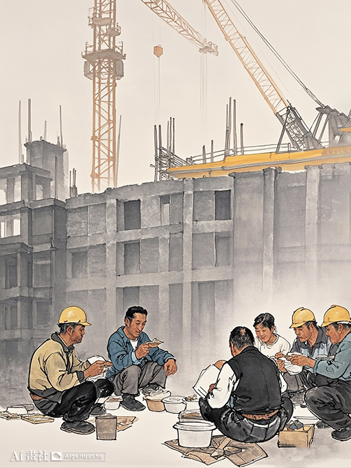 工笔画# 一线工人墙绘交通建设工人国画国画建筑工地国画塔吊国展