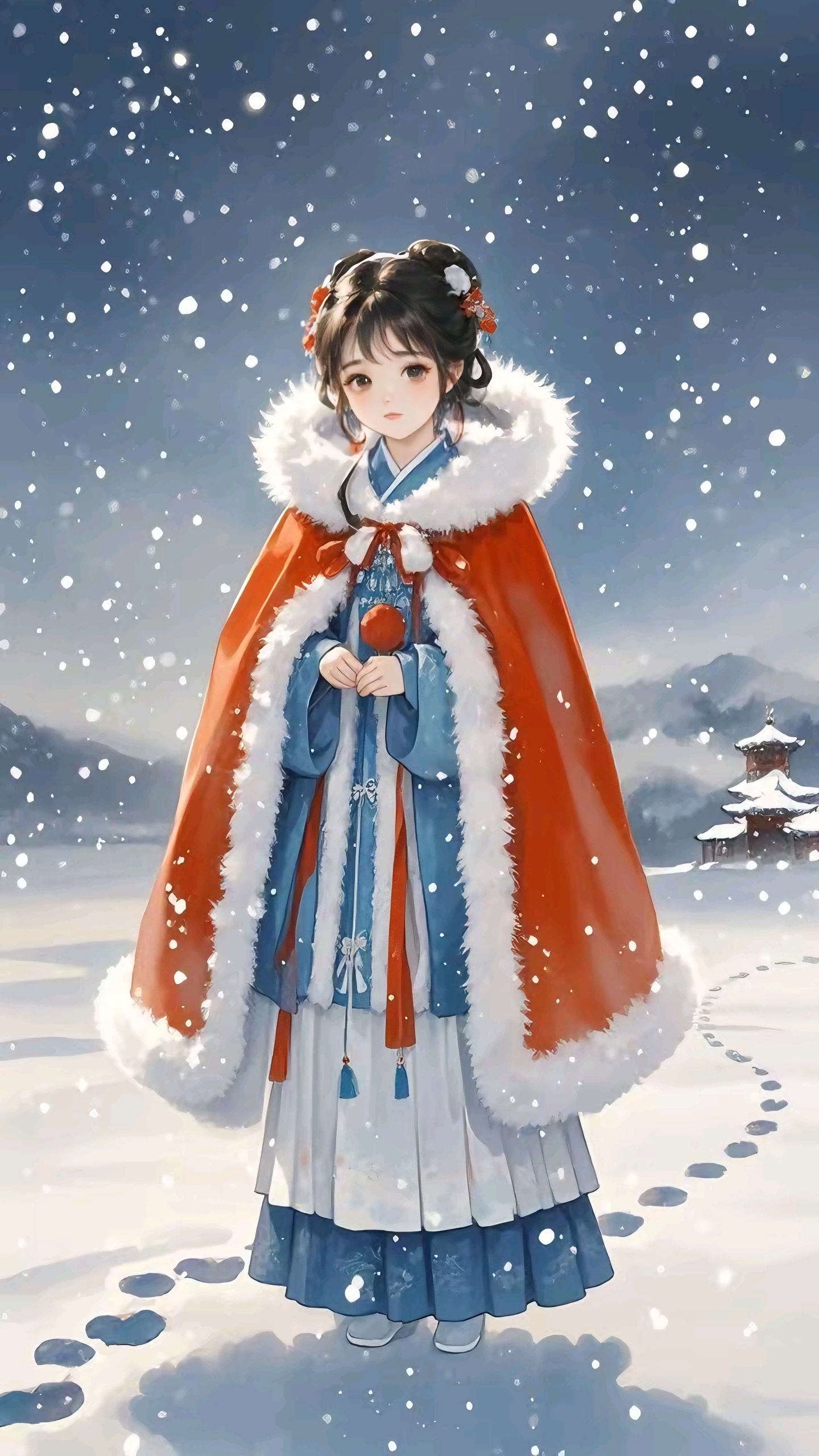 寒假ai学季#   红披汉服立寒川, 玉雪纷飞落素肩.