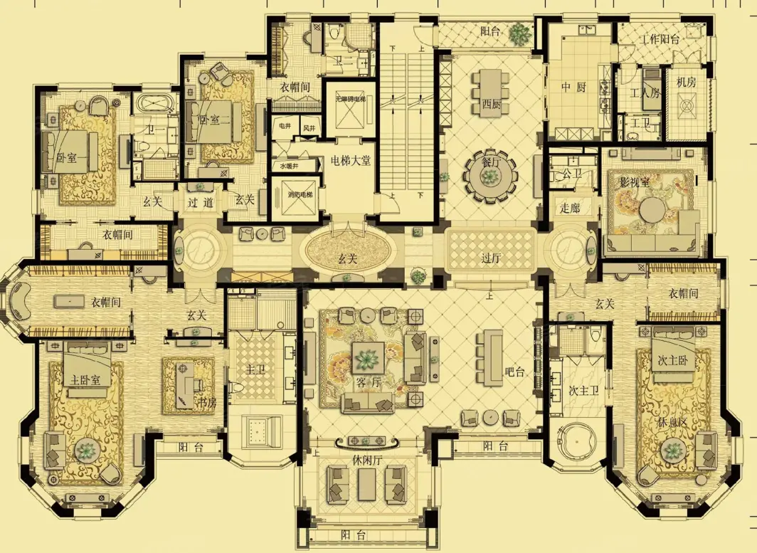 696㎡的豪华户型确实非同凡响,整个房子展现了空中豪华大平层的效果