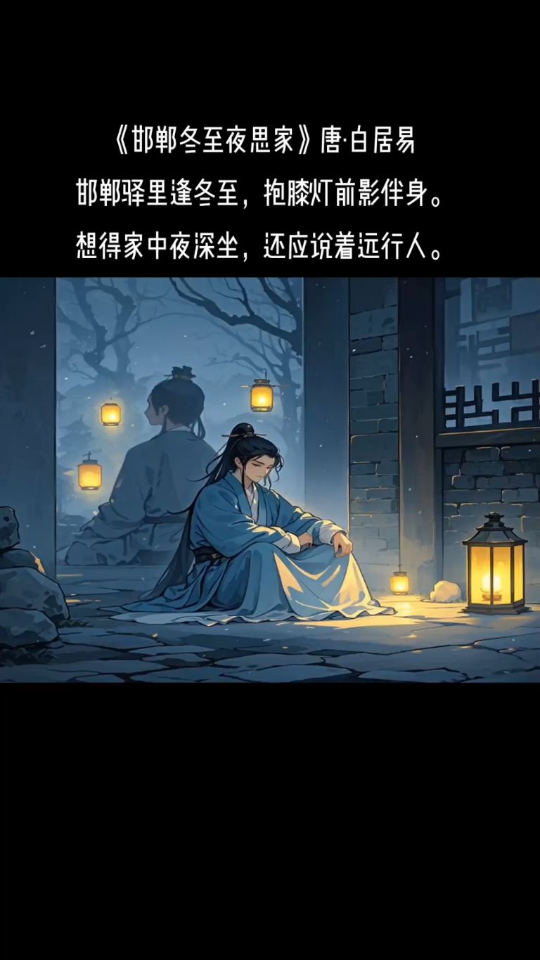 《邯郸冬至夜思家》唐·白居易 邯郸驿里逢冬至,抱膝灯前影伴身.