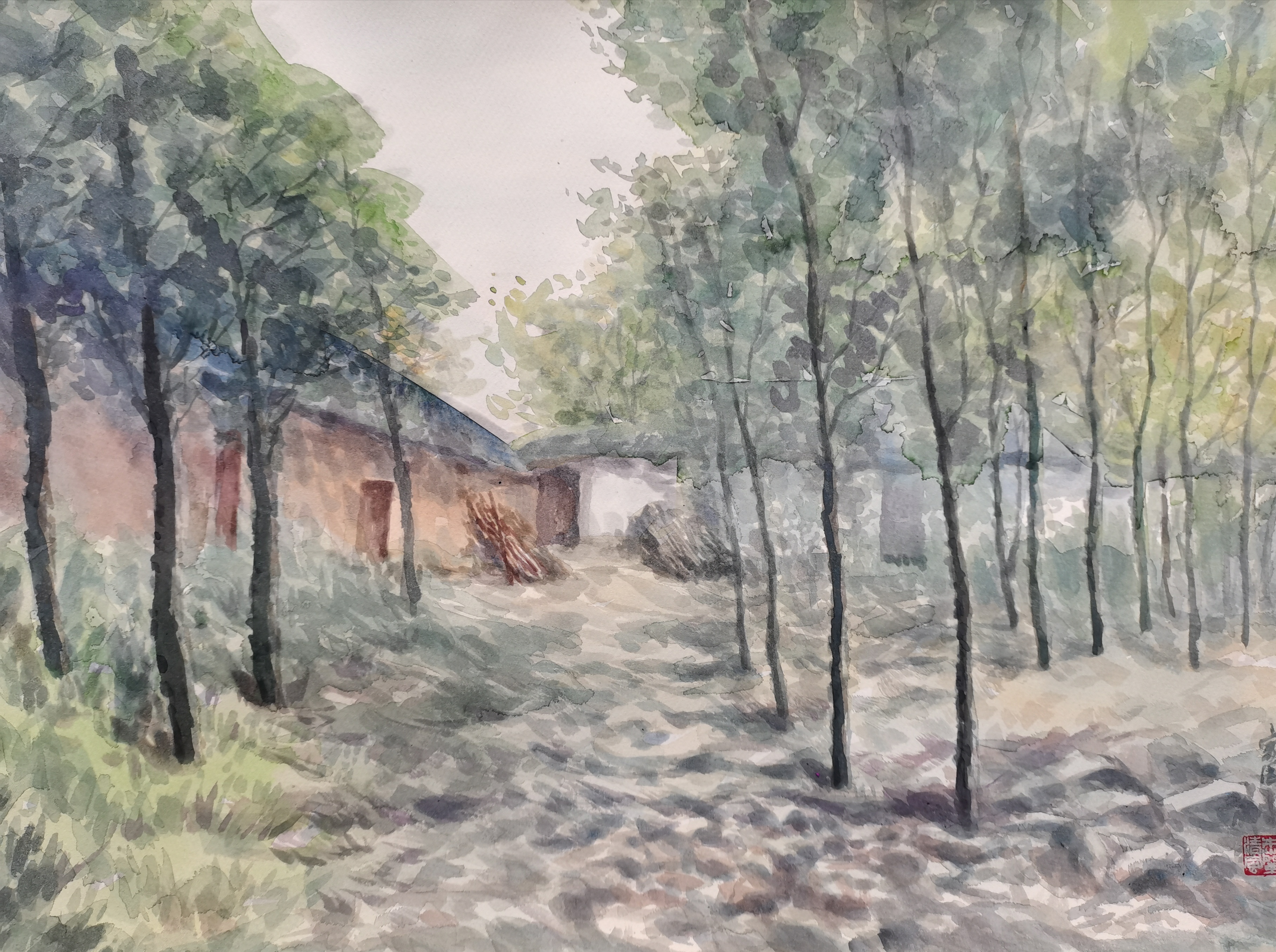 故乡水彩风景画27:绿色家园