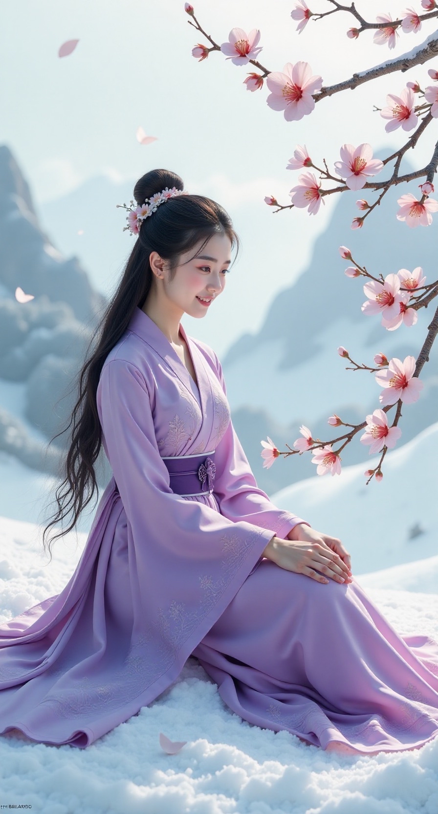 在皑皑白雪中,女子轻倚梅树,紫衣飘逸,眉目如画