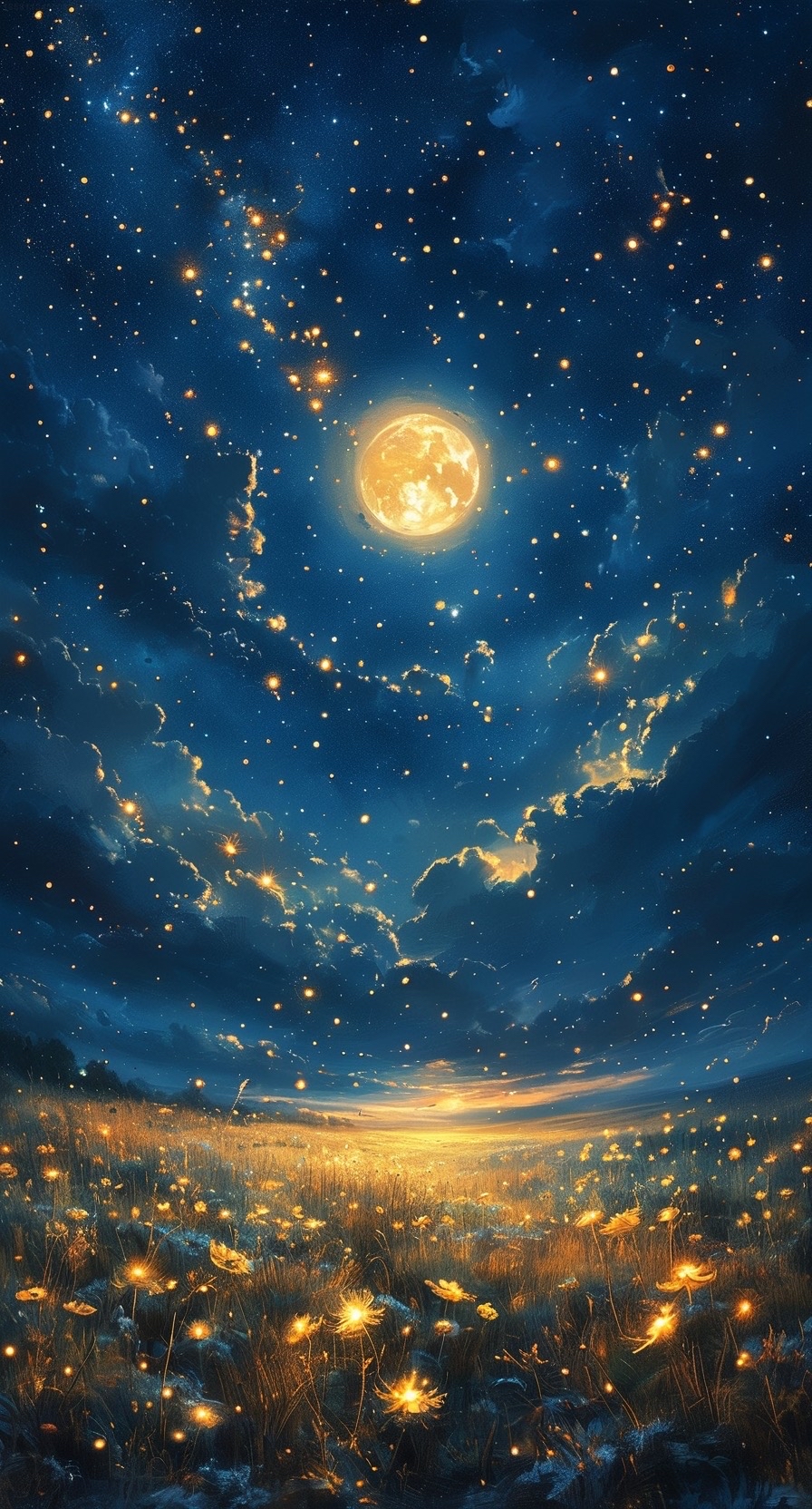 在宁静的夜晚,明月高挂,星空璀璨,花海绽放,温柔的微风轻拂,仿佛时间