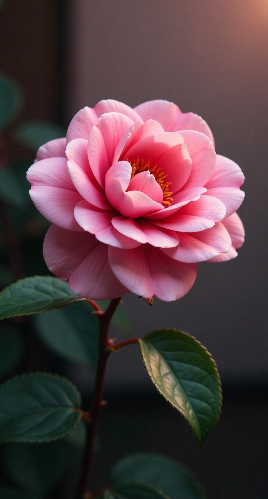 一朵盛开的粉色山茶花,花瓣层叠如梦,散发着淡淡的芬芳