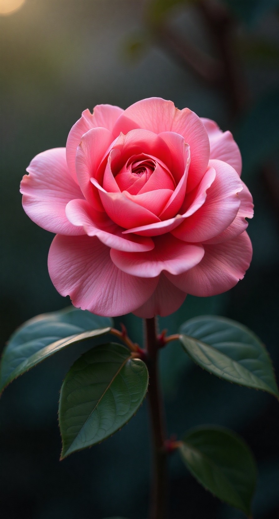 一朵盛开的粉色山茶花,花瓣层叠如梦,散发着淡淡的芬芳