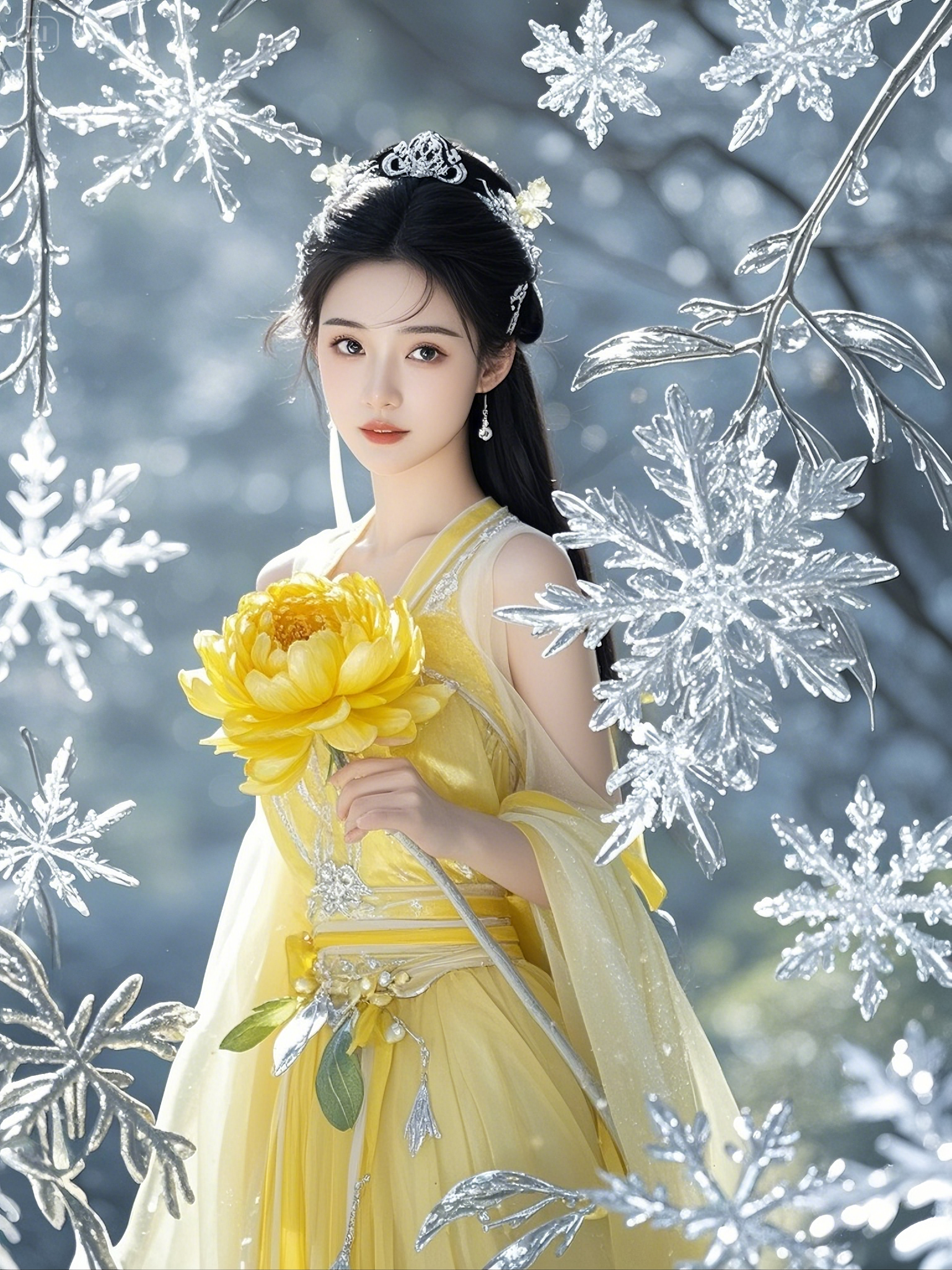 冬日雪景中,身着黄色汉服的女子手持黄花,宛如仙子降临人间