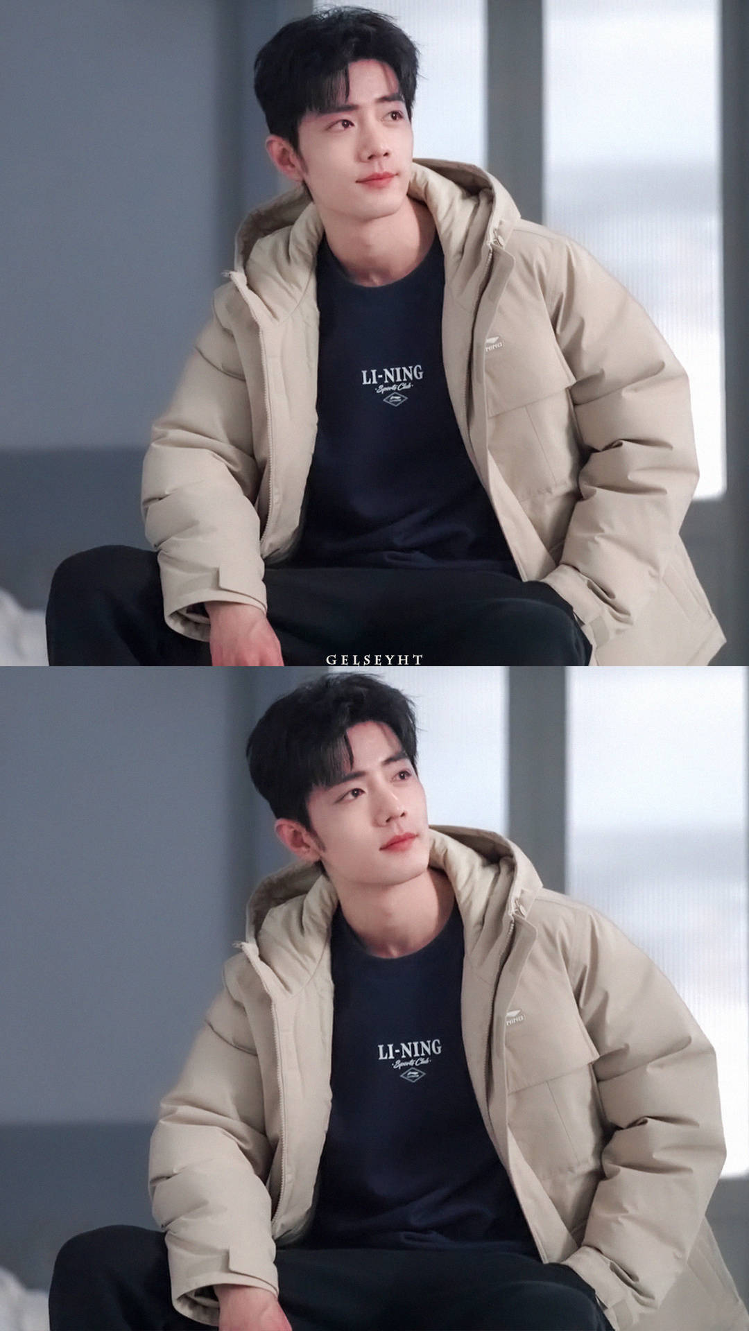 肖战代言李宁运动单品,黑色卫衣搭配浅棕色羽绒服外套,好有男大的感觉